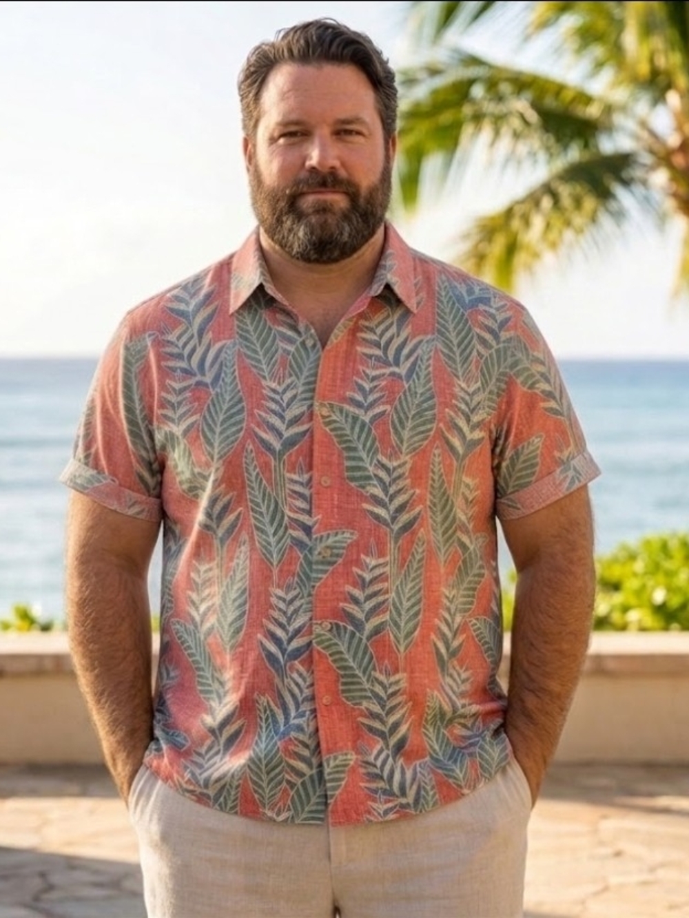 VINTAGE Reyn Spooner Coral and Green Leaf Print Short-Sleeve Button-Down Shirt